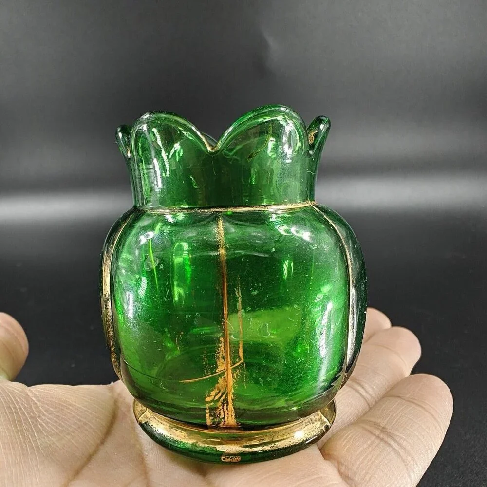 Antique EAPG Riverside Glass Vase Vessel Hand Painted Gold Lines‎ Green Vase VTG